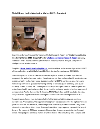 Global Home Health Monitoring Market 2022 – Snapshot