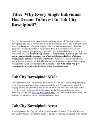Why Every Single Individual Has Dream To Invest In Tab City Rawalpindi