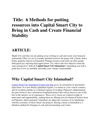 6 Methods for putting resources into Capital Smart City to Bring in Cash and Create Financial stability