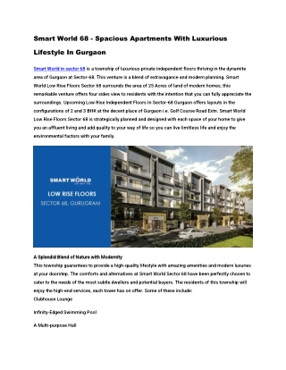 Smart World 68 Project - Spacious Apartments With Luxurious Lifestyle In Gurgaon