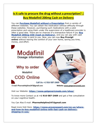 Is it safe to procure the drug without a prescription - Buy Modafinil 200mg Cash on Delivery