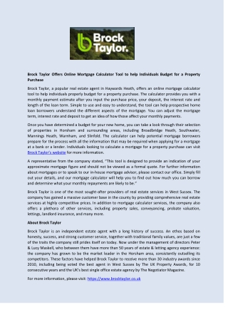 Brock Taylor Offers Online Mortgage Calculator Tool to help Individuals Budget for a Property Purchase