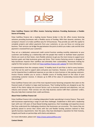 Pulse Cashflow Finance Ltd Offers Invoice Factoring Solutions Providing Businesses a Flexible Source of Funding