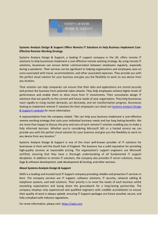 Systems Analysis Design & Support Offers Remote IT Solutions to help Business Implement Cost-Effective Remote Working St