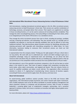 Volt International Offers Recruitment Process Outsourcing Services to help Fill Businesses Critical Roles