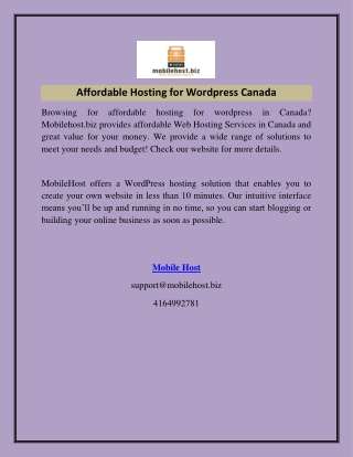 Affordable Hosting for Wordpress Canada  Mobilehost.biz