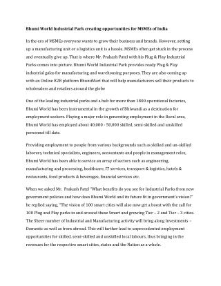 Bhumi World Industrial Park creating opportunities for MSMEs of India