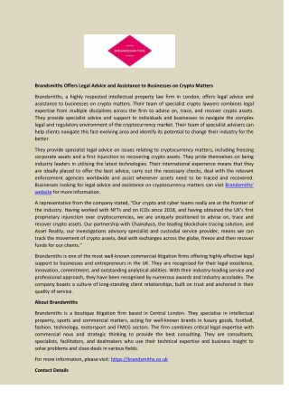Brandsmiths Offers Legal Advice and Assistance to Businesses on Crypto Matters