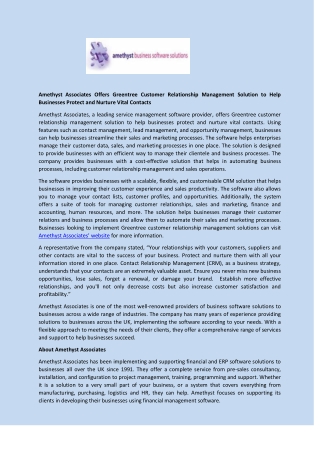 Amethyst Associates Offers Greentree Customer Relationship Management Solution to Help Businesses Protect and Nurture Vi