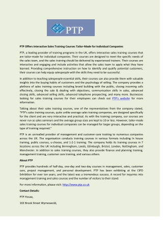 PTP Offers Interactive Sales Training Courses Tailor-Made for Individual Companies