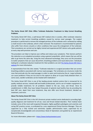 The Harley Street ENT Clinic Offers Turbinate Reduction Treatment to Help Correct Breathing Problems