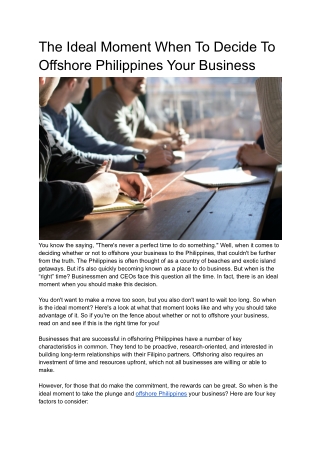 The Ideal Moment When To Decide To Offshore Philippines Your Business