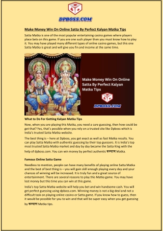 Make Money Win On Online Satta By Perfect Kalyan Matka Tips