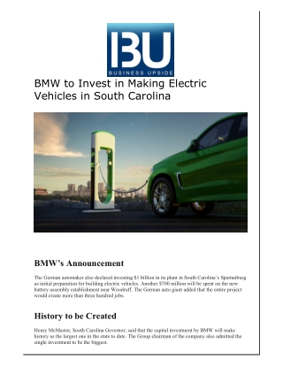 BMW to Invest in Making Electric Vehicles in South Carolina