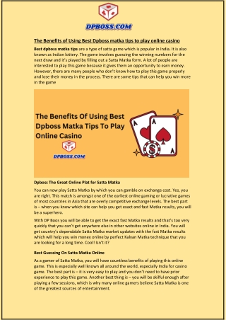 The Benefits of Using Best Dpboss matka tips to play online casino