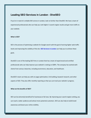 Leading SEO Services in London - DiveSEO