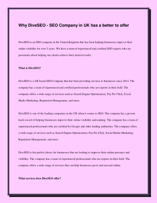 Why DiveSEO - SEO Company in UK has a better to offer