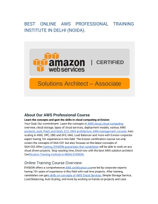 BEST ONLINE AWS PROFESSIONAL TRAINING INSTITUTE IN DELHI (NOIDA)