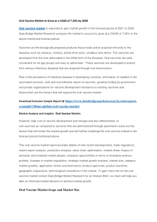 Oral Vaccine Market to Grow at a CAGR of 7.20 by 2028