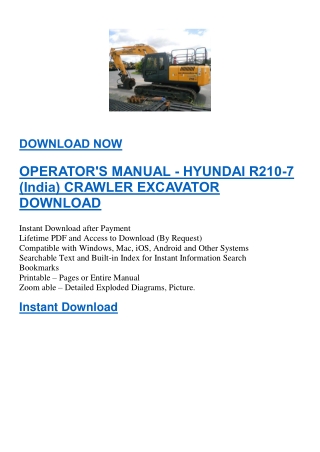 OPERATOR'S MANUAL - HYUNDAI R210-7 (India) CRAWLER EXCAVATOR DOWNLOAD