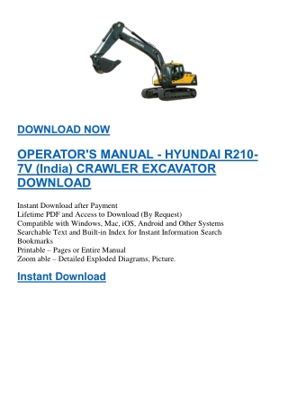 OPERATOR'S MANUAL - HYUNDAI R210-7V (India) CRAWLER EXCAVATOR DOWNLOAD