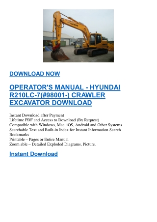 OPERATOR'S MANUAL - HYUNDAI R210LC-7(#98001-) CRAWLER EXCAVATOR DOWNLOAD