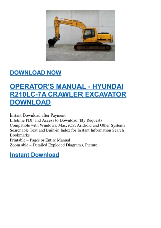 OPERATOR'S MANUAL - HYUNDAI R210LC-7A CRAWLER EXCAVATOR DOWNLOAD