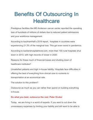 Benefits Of Outsourcing In Healthcare