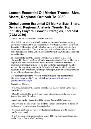 Lemon Essential Oil Market Trends, Size, Share, Regional Outlook To 2030