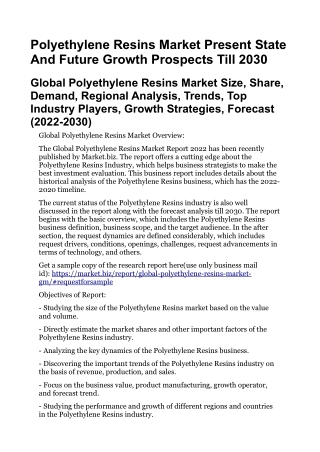 Polyethylene Resins Market Present State And Future Growth Prospects Till 2030