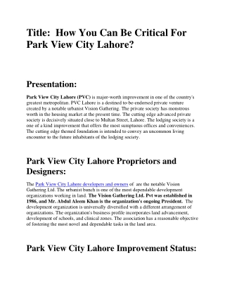 How You Can Be Critical For Park View City Lahore