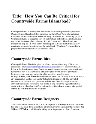 How You Can Be Critical for Countryside Farms Islamabad
