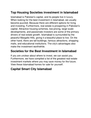 Top Housing Societies investment in Islamabad