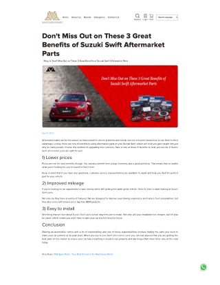 Don't Miss Out on These 3 Great Benefits of Suzuki Swift Aftermarket Parts