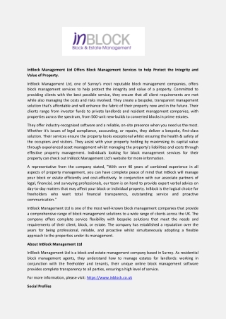 InBlock Management Ltd Offers Block Management Services to help Protect the Integrity and Value of Property