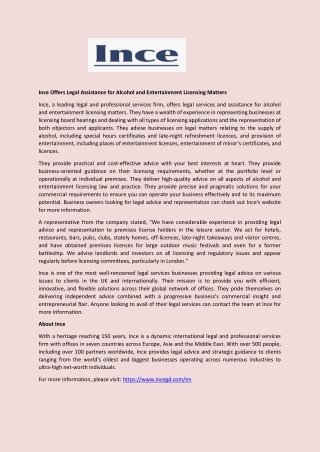 Ince Offers Legal Assistance for Alcohol and Entertainment Licensing Matters
