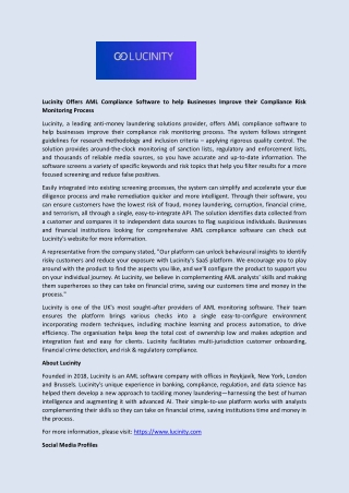 Lucinity Offers AML Compliance Software to help Businesses Improve their Compliance Risk Monitoring Process