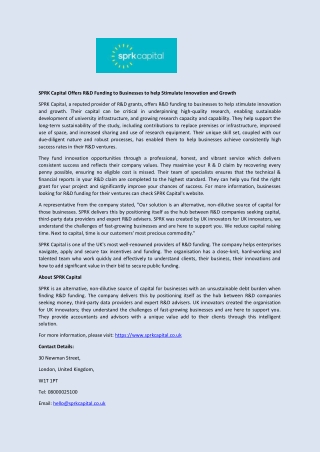 SPRK Capital Offers R&D Funding to Businesses to help Stimulate Innovation and Growth