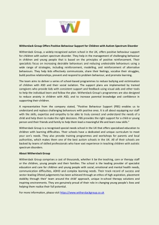 Witherslack Group Offers Positive Behaviour Support for Children with Autism Spectrum Disorder