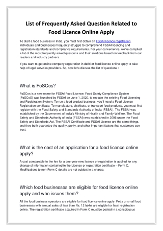 List of Frequently Asked Question Related to Food Licence Online Apply