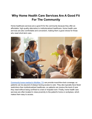 Why Home Health Care Services Are A Good Fit For The Community