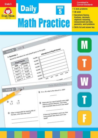 Evan Moor Daily Math Practice Grade 5 Homeschool  Classroom Workbook