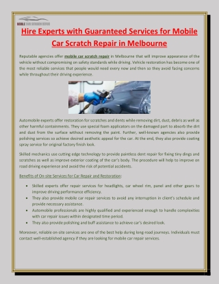 Hire Experts with Guaranteed Services for Mobile Car Scratch Repair in Melbourne