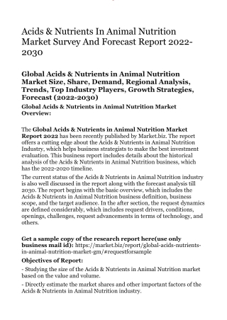 Acids & Nutrients In Animal Nutrition Market Survey And Forecast Report 2022-203