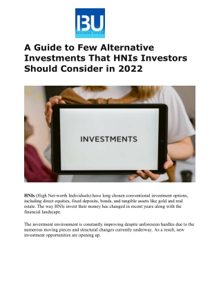 A Guide to Few Alternative Investments That HNIs Investors Should Consider in 2022