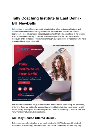 Tally Coaching Institute In East Delhi - BIITNewDelhi