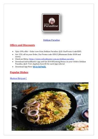 Get up to 10% offer Dekkan Paradise Restaurant, QLD - Order Now