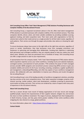 Volt Consulting Group Offers Total Talent Management (TTM) Solutions Providing Businesses with Complete Visibility of th