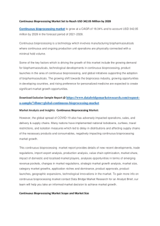 Continuous Bioprocessing Market Set to Reach USD 342.05 Million by 2028