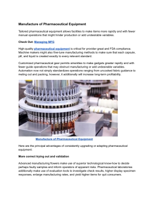 Managing MFG : Manufacture of Pharmaceutical Equipment